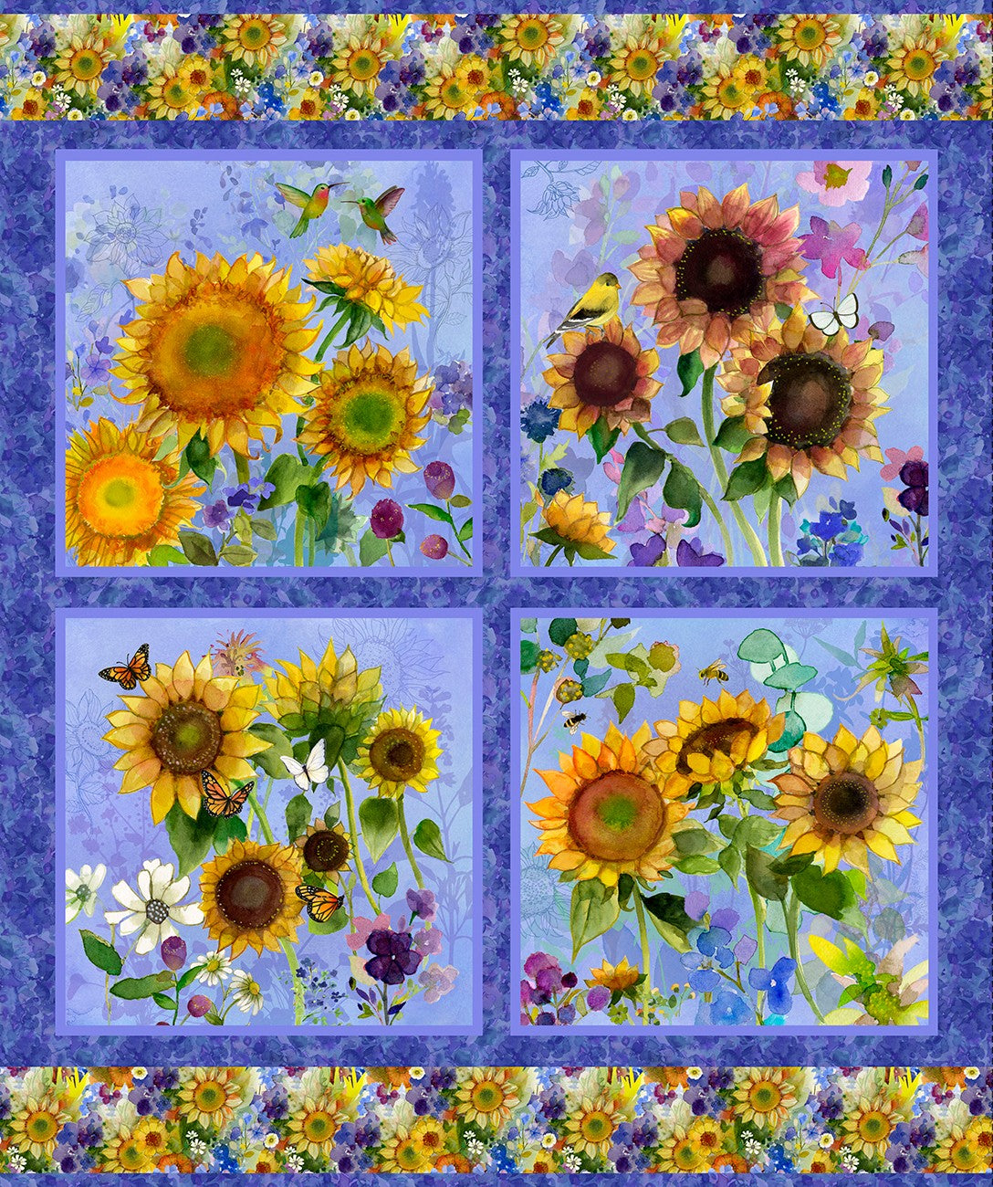 Sunflower Song – Panel | Periwinkle | Sue Zipkin | Cotton Quilting Fabric