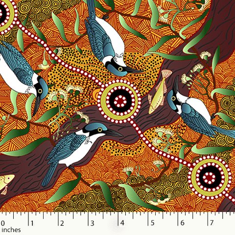 M & S Textiles Australia – Kingfisher Camp by River | Yellow | Nambooka | Cotton Quilting Fabric