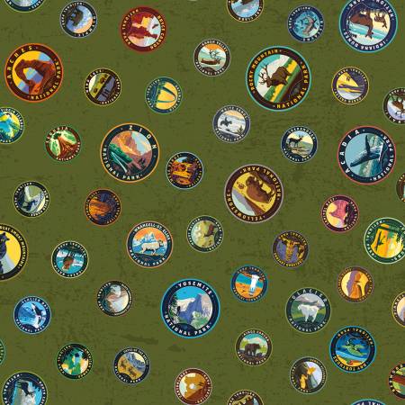 National Parks – Emblems Avocado Cotton | Anderson Design Group | Cotton Quilting Fabric
