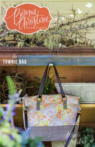 Townie Bag sewing pattern by Bonnie Christine, quilted shoulder bag with burlap band and crossbody strap