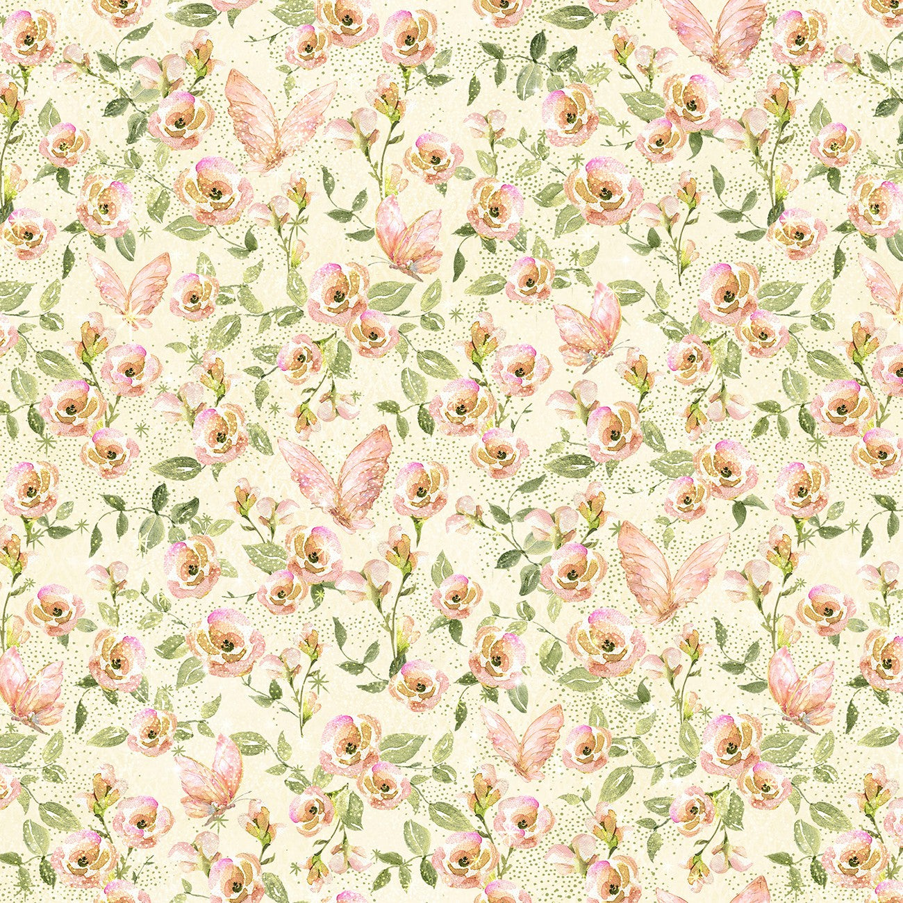 Fairy Boutique – Flowers & Butterflies | Cream/Pink | Cotton Quilting Fabric