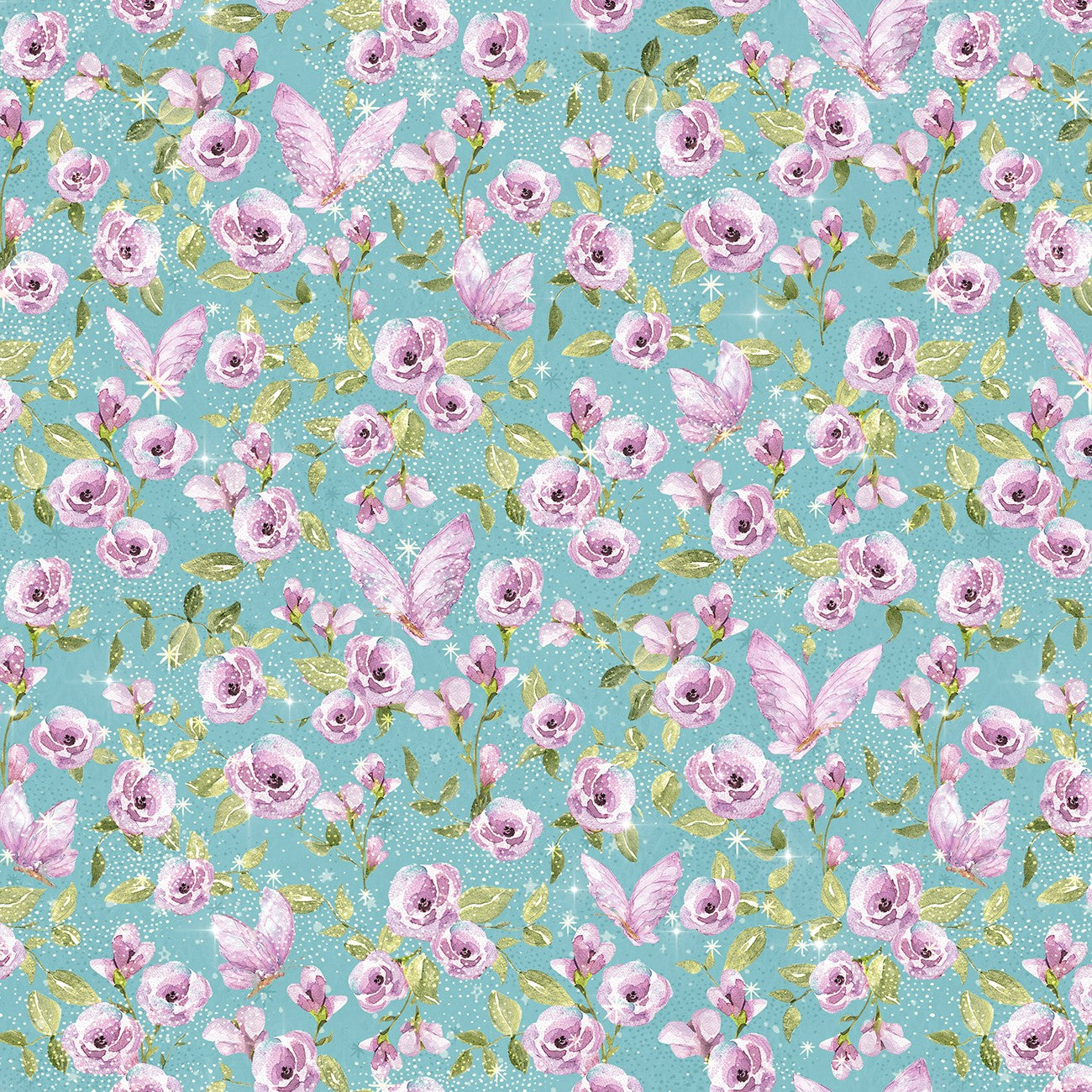 Fairy Boutique – Flowers & Butterflies | Teal/Purple | Cotton Quilting Fabric