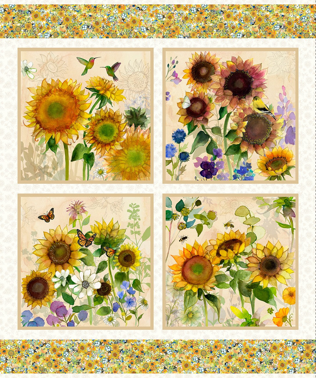 Sunflower Song – Panel | Light Cream | Sue Zipkin | Cotton Quilting Fabric