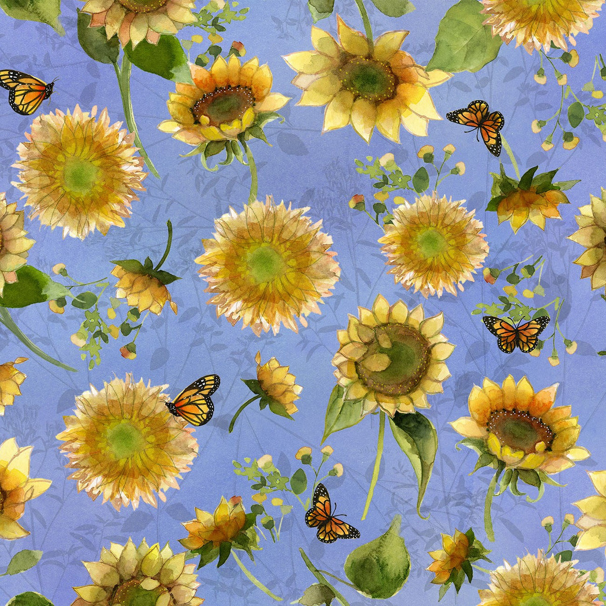 Sunflower Song – Butterfly Floral | Light Periwinkle | Sue Zipkin | Cotton Quilting Fabric